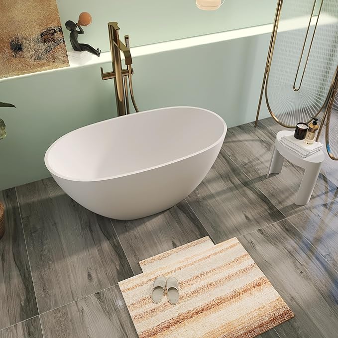 51" Premium Solid Surface Freestanding Bathtubs, Unique Oval Stone Resin Bath Tub with Overflow and Pop-up Drain, Matte White
