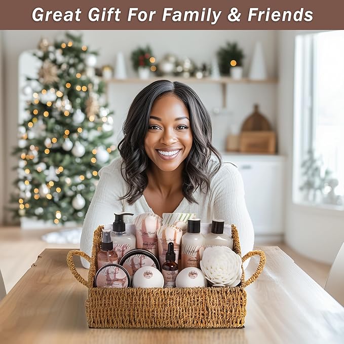 Bath Spa Gift Sets - Luxury Basket With Coconut & Vanilla - Spa Kit Includes Wash, Bubble Bath, Lotion, Bath Salts, Body Scrub, Shower Puff, Bathbombs, Soap in Wooden Basket