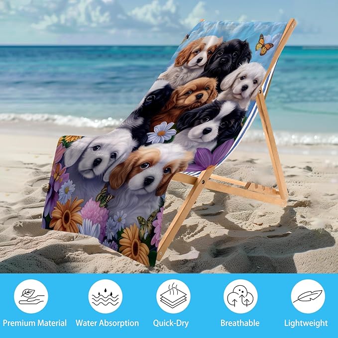 WZOMT Microfiber Dog Beach Towel, Cute Dog Bath Towels, Funny Puppy and Flowers Blue Pattern Print Towels for Kids Adults, Quick Dry Absorbent Pool/Swim/Travel/Yoga Towel, Oversized 32"x52"