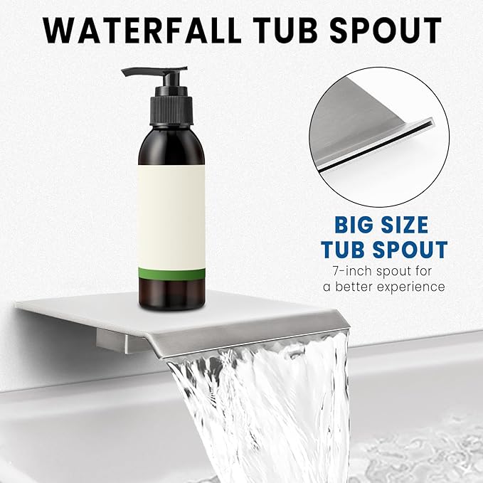 Wall Mounted Shower Faucet Set, Shower System with Tub Spout, 12 Inch Rainfall Shower Head with Handheld Spray, Waterfall Tub Spout Bathtub Faucet, Brushed Nickel