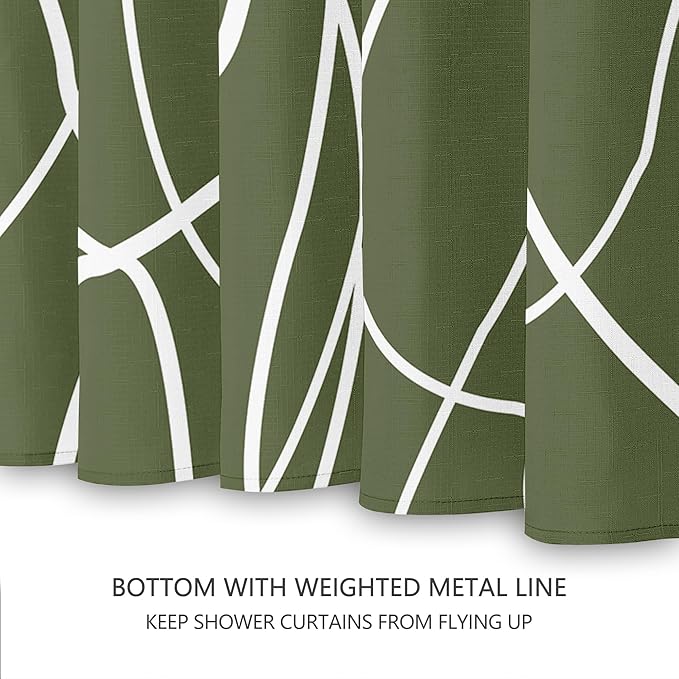 Tititex Morden140gms Faux Linen Fabric Bath Shower Curtain Set Textured Fabric with Olive White Curve Pattern 72x72 Inch Water Resistant Bathroom Curtains, Weighted Hem & Hooks for Hotel/Home