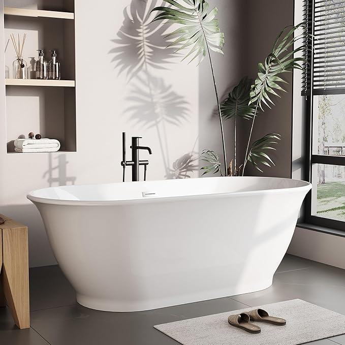 67 Inch Acrylic Freestanding Bathtub, Bathtub with Matte Drain and Overflow, Modern Square Tub, Deep Ergonomic Design, cUPC Certified, Double-Walled Insulation, Easy Install and Safe Use, White
