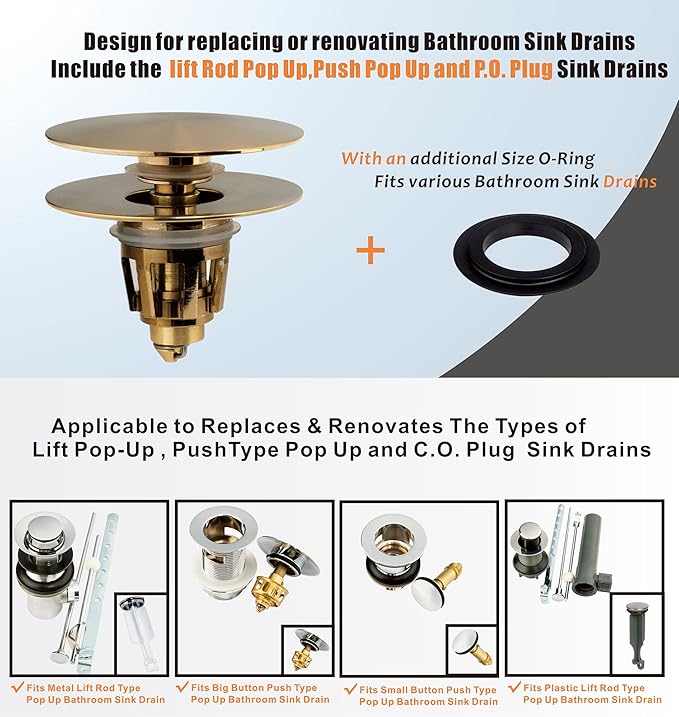 Artiwell Universal Bathroom Sink Drain Stopper, Fits Most Pop-Up Drains for Vessel Sink Lavatory Vanity, Sink Drain Strainer with Detachable Hair Catcher, Tested by Plumber in US (Champagne Bronze)