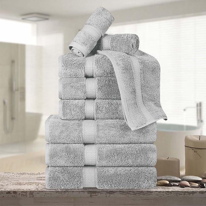 BNM Egyptian Cotton Heavyweight Towels, Ideal For Bathroom, Shower, Spa, Hotel, 800 GSM, Face/ Washcloths, Hand Towels, Bath Towels, Highly-Absorbent, Luxury Home Basics, 9 Piece Towel Set, Silver