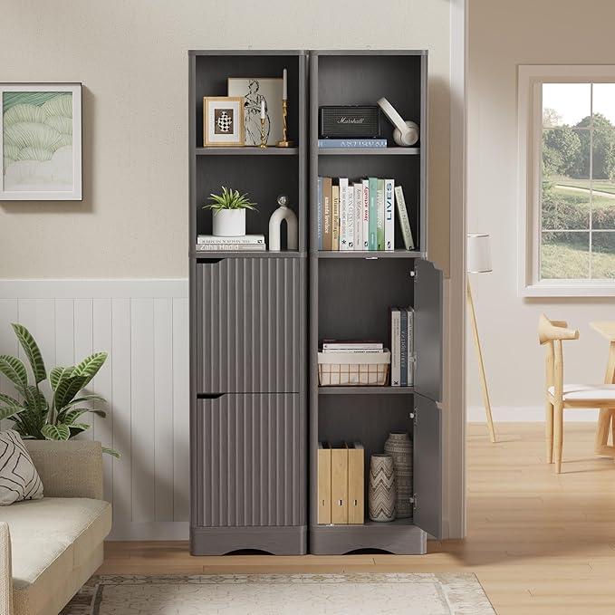 67" Tall Bathroom Organizer and Storage, Narrow Storage Cabinet with 2 Doors and 4 Shelves, Freestanding Floor Storage Unit,15.7" W x 11.8" D x 66.9" H, Grey