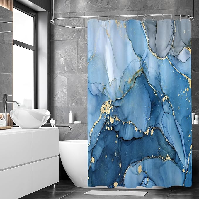 Extra Long Shower Curtain 72 x 96 Inch, Blue Floor to Ceiling X-Long Abstract Marble Shower Curtains for Bathroom, Modern Luxury Art Ink Fabric Shower Curtain Set with Hooks