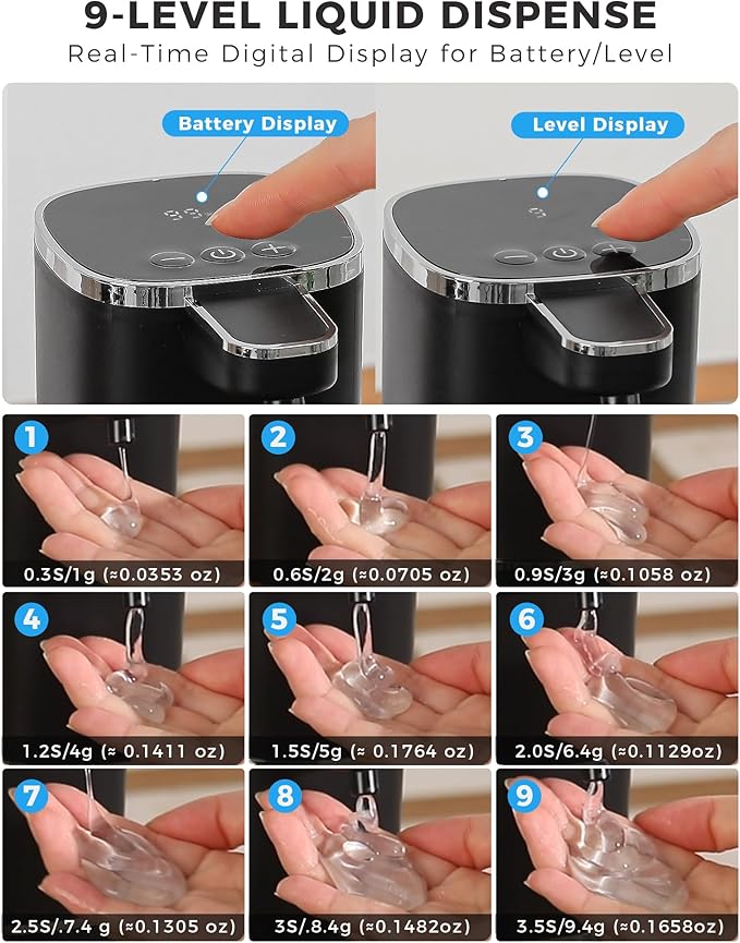 Automatic Liquid Soap Dispenser, 12.8oz Rechargeable, Adjustable Liquid Levels, IPX5 Waterproof, Touchless & Wall/Tabletop Use for Kitchen Bathroom, Black