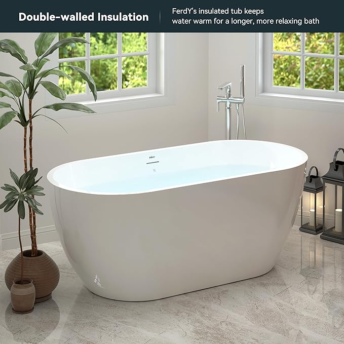 FerdY Nauru 59" Acrylic Freestanding Bathtub, Gracefully Shaped Freestanding Soaking Bathtub with Brushed Nickel Drain & Minimalist Linear Design Overflow, Glossy White, cUPC Certified