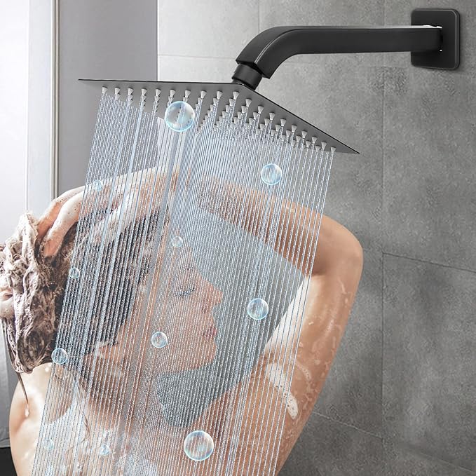 HarJue Shower Arm with Flange and Teflon Tape, Wall Mounted Square Shower Pipe 304 Stainless Steel Extension Arm for Fixed Shower Head & Handheld Shower (10 Inch, Matte Black)