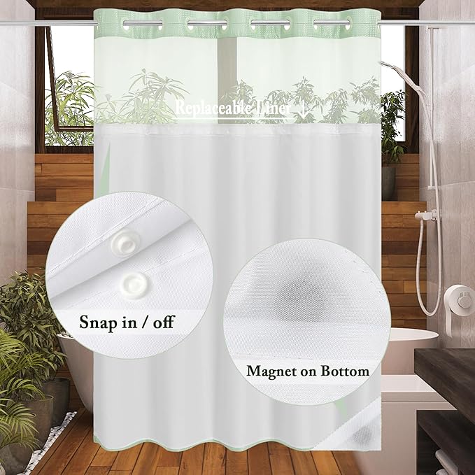 Gibelle No Hook Waffle Weave Shower Curtain with Snap-in Fabric Liner Set for Bathroom, Hotel Style with Mesh Top Window, Waterproof & Washable, Mint Green, 72x74