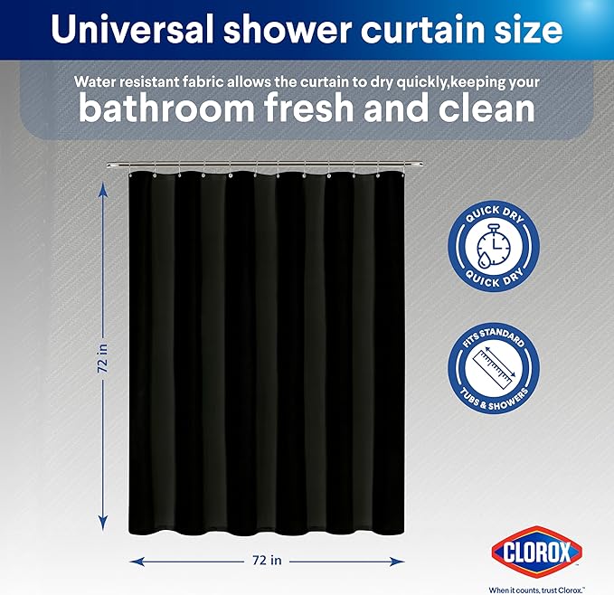 CLOROX 2-in-1 Bathroom Shower Curtain Liner, Durable Fabric, Weighted Magnets for Bath Water Control, Washable Premium Quality, Modern - 72" x 72" Black