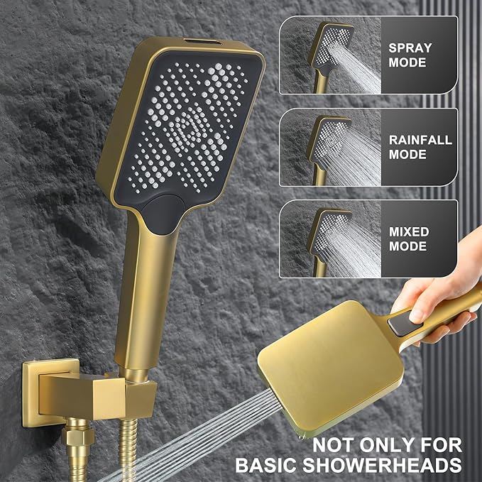 Bathtub Shower Faucet Set with Pressure Balance Valve, 12" Ceiling Mount Shower System with Tub Spout Multi-function Handheld Head Push Button Diverter Shower Trim Kit, Brushed Gold