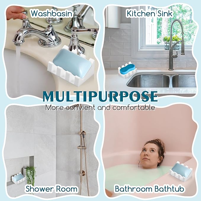 Silicone Soap Dish with Drain, Upgrade Double Suction Cups at The Bottom for Anti-Slip and Stability, Soap Dish Shower Waterfall Bar Soap Holder Tray with Drain Soap Holder (2, White)