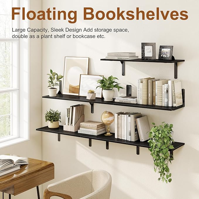 30" W x 12" D Black Floating Shelves for Wall, Deep Wall Shelves with Visible Bracket for Books, Plant, Large Deep Bathroom Shelf for Storage & Display, Set of 2