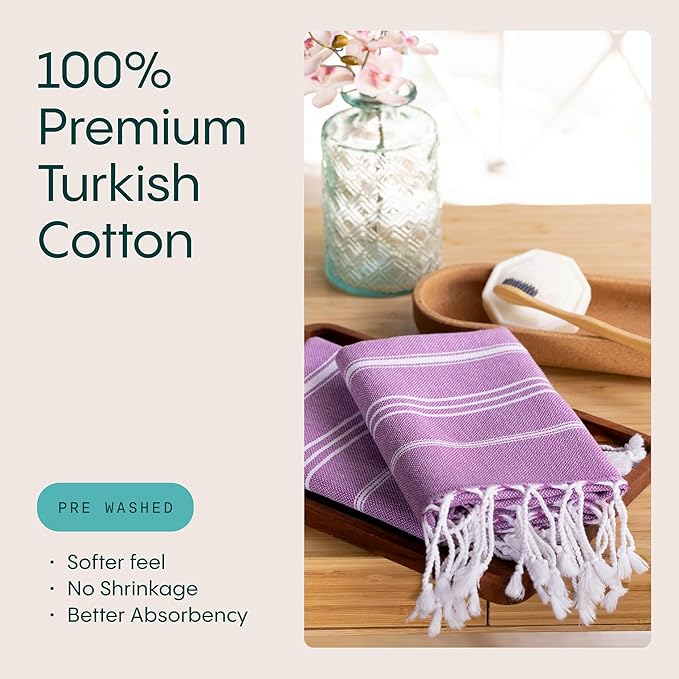 WETCAT Turkish Hand Towels with Hanging Loop, Set of 2 (20" x 30") 100% Turkish Cotton, Pre-Washed, Quick Drying, for Kitchen or Bathroom - Purple
