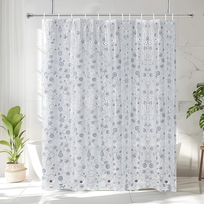AooHome 72x75 Plastic Shower Curtain Liner - EVA 3D Circle Pattern Design Standard Bathroom Shower Curtain with Hooks, 5 Bottom Magnets, 10G Heavy Duty, Water Repellent, Semi Transparent, 72x75 Inch