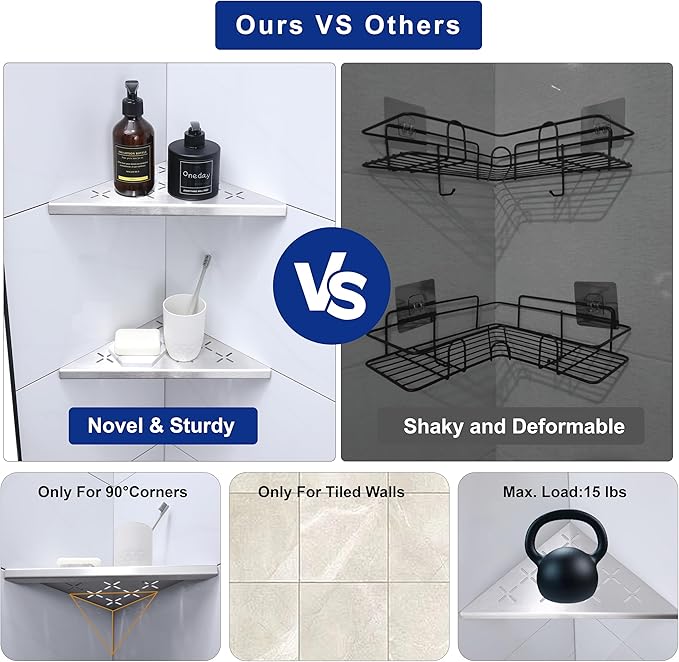 10" Corner Shower Shelf, 1-Pack Shower Shelves SUS304 Stainless Steel Bathroom Shelves for Tile Walls, Recessed Corner Shelf Organizer Rack, No Drilling (Brushed)