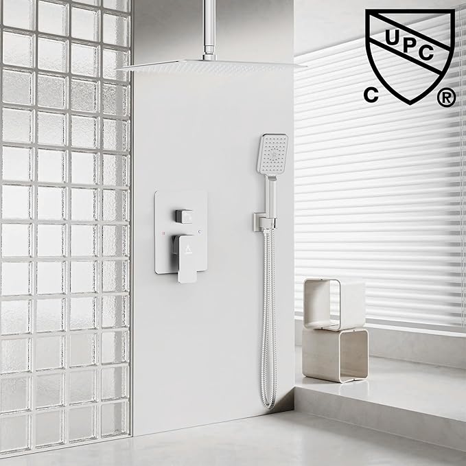 Rain Shower System 12IN Modern Brass Faucet Set With Valve and Diverter Shower Mixer With Handheld High Pressure Square Rainfall Shower Valve (12'' Ceiling Mount, Brushed Nickel)