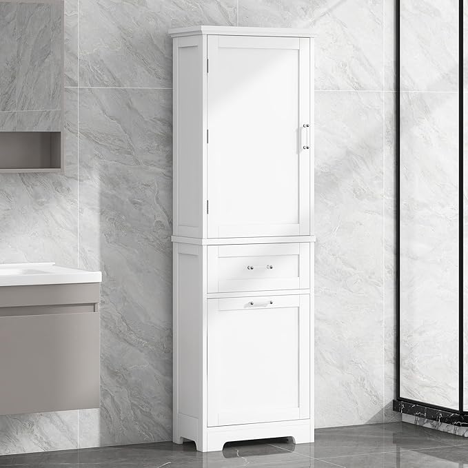 Favfurish 68" Tall Bathroom Storage Cabinet with Door and 2 Drawer,Modern Linen Cabinets w/Adjustable Shelf & Magnetic Door Stopper,Freestanding Organizer for Bath Room,Study,Office,Kitchen White