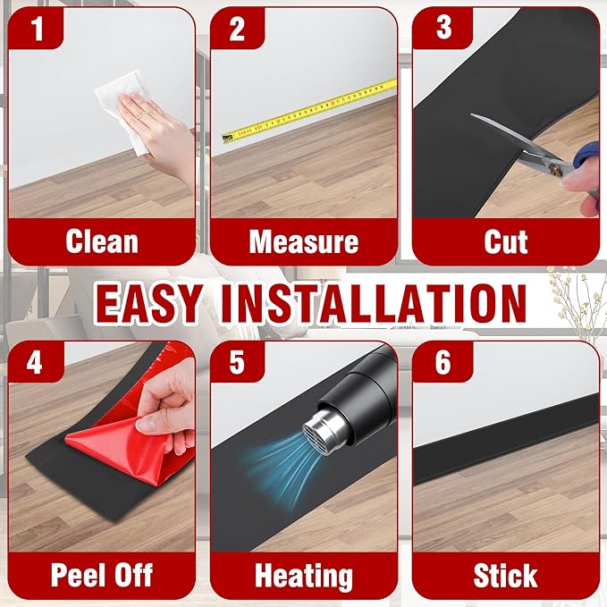 Vinyl Baseboard Molding Trim 6 Inch x 40 Feet Peel and Stick Baseboard Trim Flexible PVC Cove Base Moulding Self-Adhesive Trim for Garage Bathroom Cabinet Floor Walls, Black