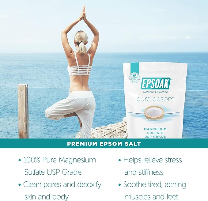 Epsoak Epsom Salt – 10 lb (Two 5 lb Resealable Bags), Magnesium Sulfate USP, Unscented, Made in USA, Perfect for Bath, Spa, and Soaking