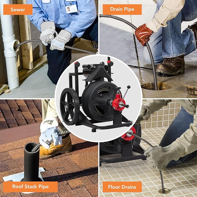 Heavy Duty Electric Drain Cleaner Machine, 100 Ft x 1/2 Inch Sewer Snake, 370w Auto-Feed, 6 Interchangeable Cutters, Gloves, Portable Pipe Cleaning Tool for 2-4 Inch Pipes