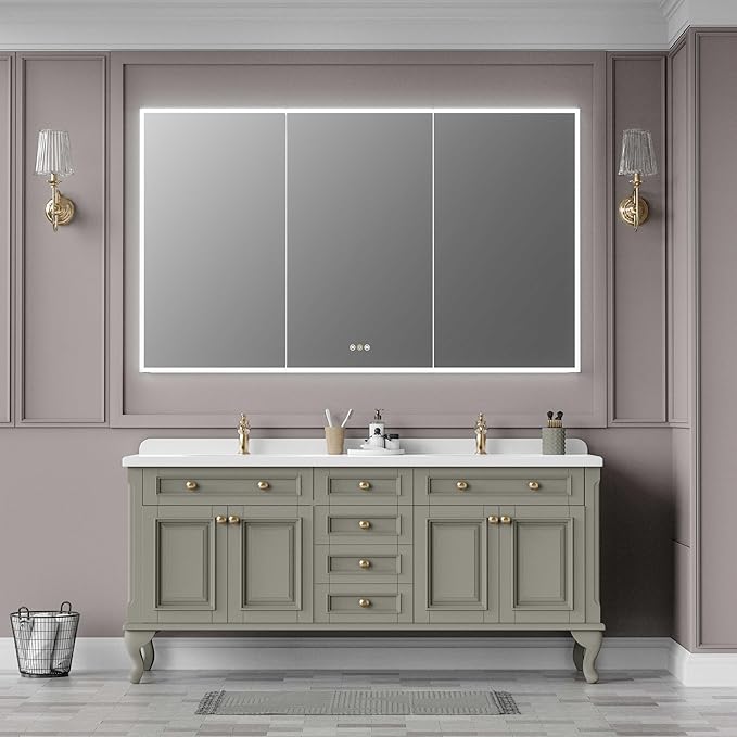 Recessed Medicine Cabinets for Bathroom with Mirror, Only Recessed Medicine Cabinet with Defogger, Dimmer, Outlets & USB, Three Doors