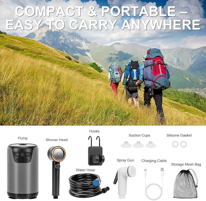 Portable Shower for Camping, Rechargeable Camping Shower Pump with LED Display & IPX8 Waterproof - High Pressure Electric Outdoor Shower for Hiking, Car Wash, Pet Bath, RV, Boat