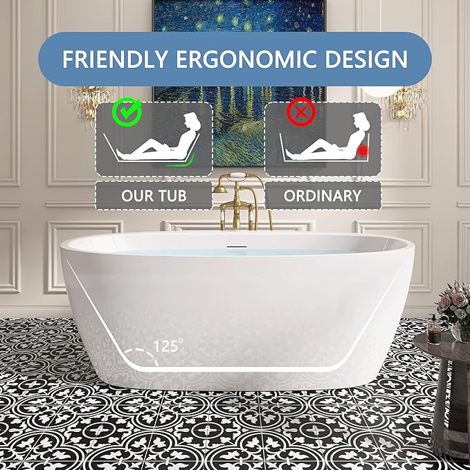 59" Free Standing Tub, Pure Acrylic Freestanding Bathtub, Stylish Stand Alone Contemporary Deep Soaking Bath Tub, cUPC Certified SY5850 (Glossy White)