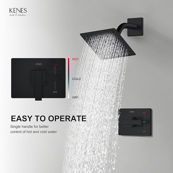 KENES Matte Black Shower Faucet with 6-Inch Shower Head and Handle Set, Square Shower Faucet Set Bathroom Rainfall Shower System Wall Mount, KE-6025B-2 (Shower Valve Included)