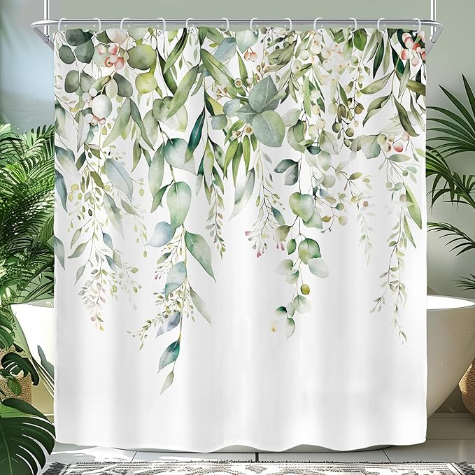 Riyidecor Sage Green Eucalyptus Shower Curtain,Fabric Cloth Bathroom Curtains,Leaves Plants Spring Floral Botanical Leaf Nature Watercolor Bath Shower Curtains Decor Set 72x72 Inch