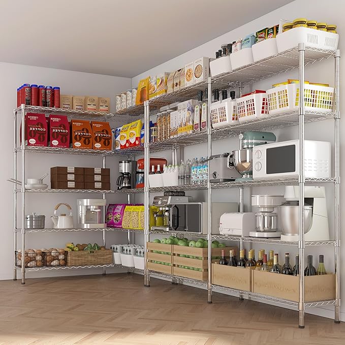 5 Tier Storage Racks Shelving, Heavy Steel Pantry Shelves, Adjustable Wire Shelving Rack, Suitable for Garage, Kitchens, Offices, 58" W x 14" D x 71" H, Chrome