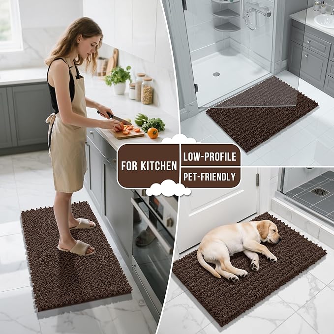 Yimobra Bathroom Runner Rug 60x24 Inch - Extra Long Non Slip Chenille Bath Mat, Soft & Absorbent, Machine Washable Shaggy Hallway Carpet for Vanity Tub Shower, Brown Home Decor Accessories