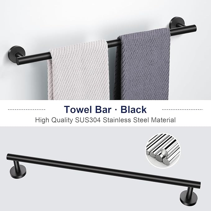 Lairuier Matte Black Bathroom Hardware Set, 10-Piece Towel Bar Set SUS304 Stainless Steel Bathroom Hardware Accessories Set Round Towel Holder Set Wall Mounted