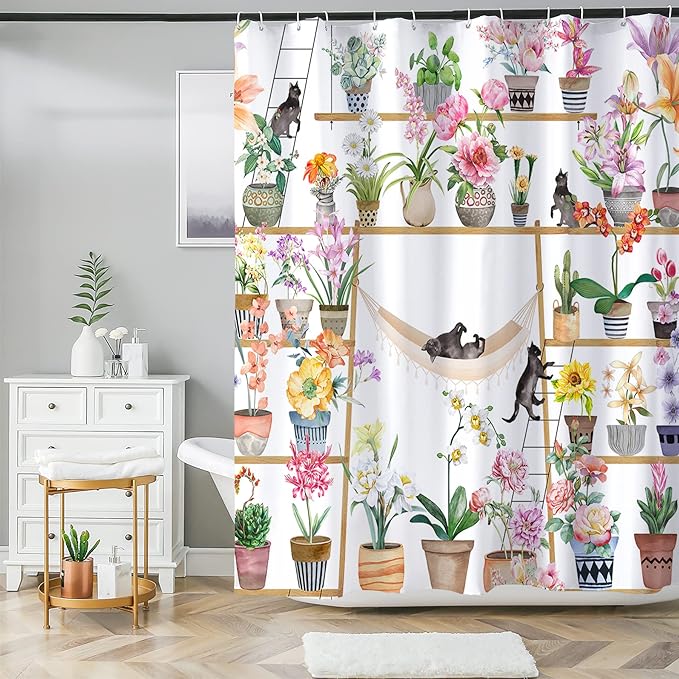 Bohemian Shower Curtain, Boho Floral Print Water Repellent Polyester Fabric for Bathroom Decor, 72×72 Inch Standard Size with 12 Hooks, Also as Room Divider