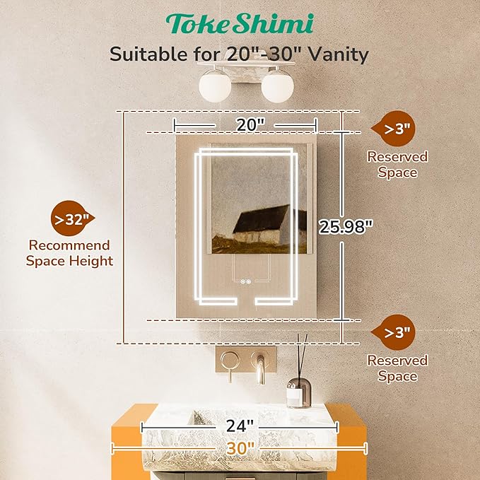 TokeShimi Lighted Medicine Cabinet 20x26, 3 Color Tempered LED Medicine Cabinet Mirror with Storage and Defogger, Stepless Dimming, CRI 80+ Anti-Fog, Memory Funtion, Wall Make up Mirror for Bathroom