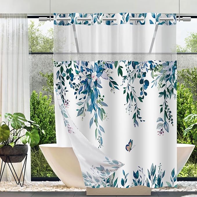 No Hook Shower Curtain and Liner Set, Dark Blue Eucalyptus Floral Shower Curtains for Bathroom, Bath Curtain Sets with Snap in Liner, Waterproof with See Through Top Window, 71x74 Inches
