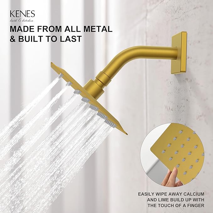 KENES Brushed Gold Shower Faucet, Modern Square 6-Inch Shower Head and Handle Set, Bathroom Rainfall Shower System Wall Mount, KE-6025B-4 (Including Shower Valve)