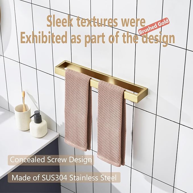 KOKOSIRI Towel Bar Brushed Gold Bath Towel Holder 16 Inch Kitchen Towel Hanger Rack Stainless Steel Bathroom Hardware Wall Mounted, 1 Pack B4008BG-L16