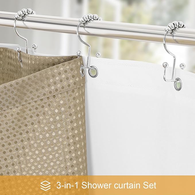 3 in 1 Long Beige Shower Curtain Set-72 W x 78 H, Tan Waffle and PEVA Liner Set with 12 Stainless Steel Hooks, Waterproof Fabric for Bathroom