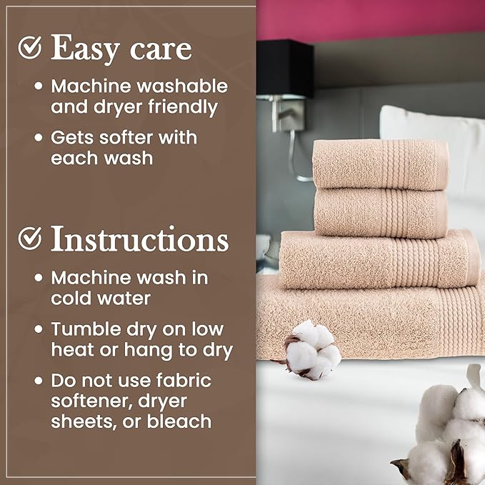 HALLEY Turkish Cotton Towels (Set of 4) 1 Bath Towel 1 Hand Towel 2 Washcloths, Super Soft Highly Absorbent 100% Cotton Towels for Bathroom and Kitchen for Mother’s Day (Tan)