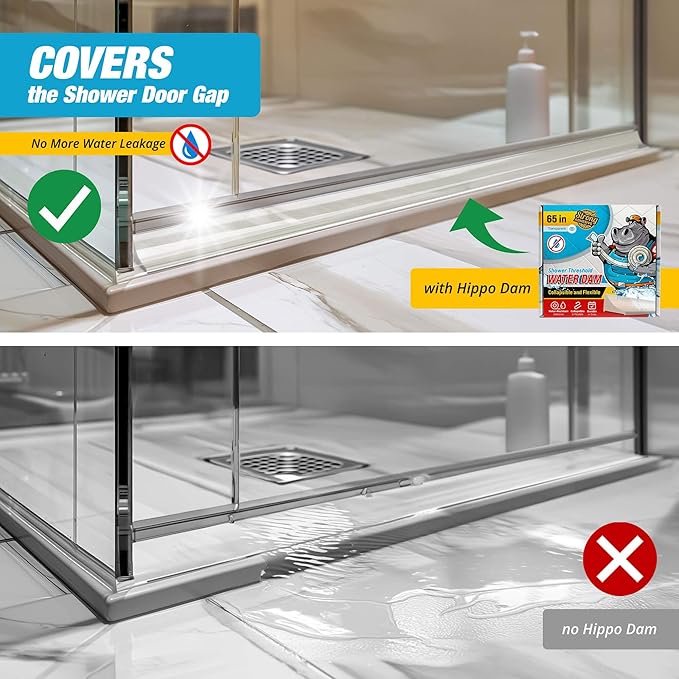 Shower Threshold Water Dam Barrier 65" - Transparent Collapsible Shower Water Blocker - Guard for Walk in Shower - Water Guard Stopper for Floor - Shower Door Water Blocker by Hippo Dam