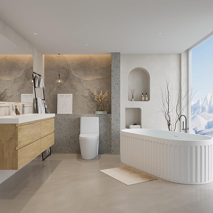 67" Freestanding Solid Surface Bathtub, Luxury Engineered Stone Resin Freestanding Soaking Bathtub with Overflow and Pop-up Drain cUPC Certified, Matte White
