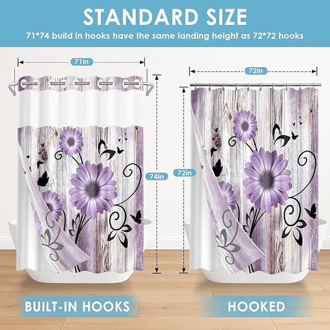No Hook Purple Flower Shower Curtain with Snap in Fabric Liner Set, Rustic Farmhouse Daisy Double Layers Waterproof Fabric with See Through Top Window Open Grommet Bath Curtain 71x74 Inch