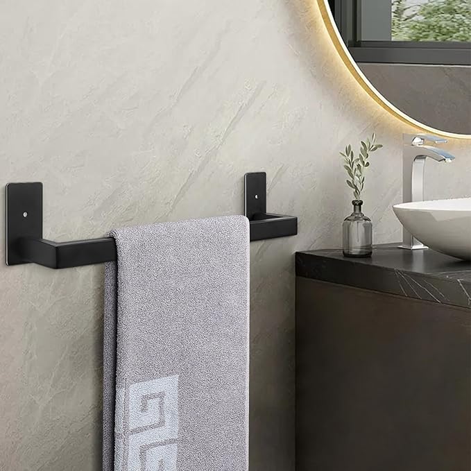 NearMoon Self Adhesive Bathroom Towel Bar, Stainless Steel Square Bath Wall Shelf Rack Hanging Towel Stick On Sticky Hanger Contemporary Style, Towel Rack Wall Mounted (16 Inch, Matte Black)