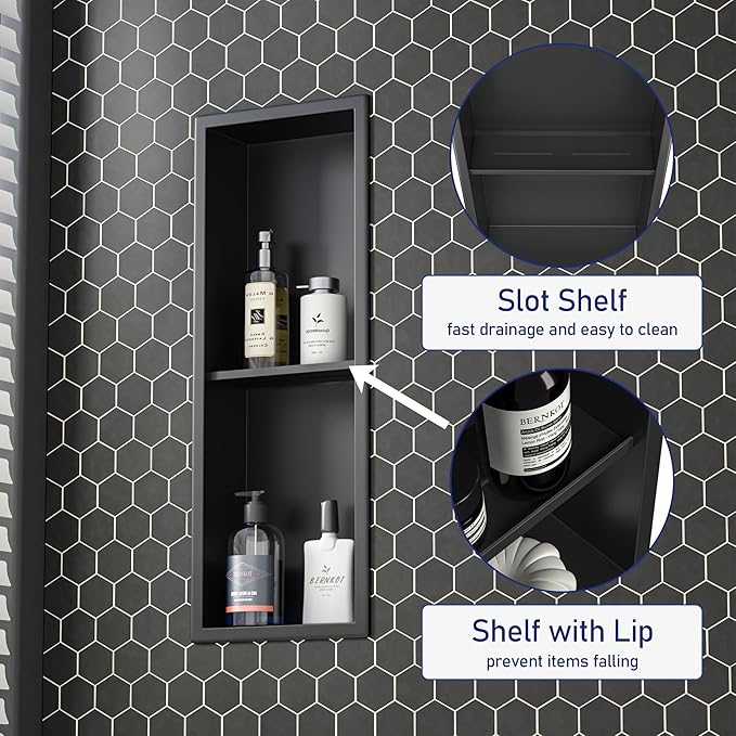 Stainless Steel Shower Niche Matte Black 8"×24" with 2-Tiers Shelf No Tiled Needed Niche Shower for Bathroom Wall Storage Recessed Metal Shower Shelf Over-Mounted Installation