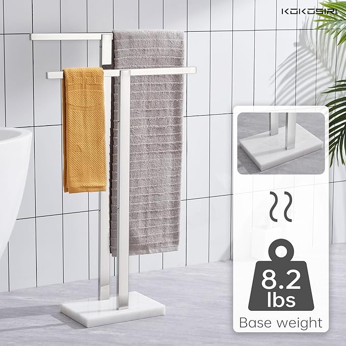 KOKOSIRI Bathroom Towel Rack 2-Tier Standing Towel Bars with Marble Base, Stainless Steel Freestanding Towels Holder, Thicken Steady Design, Polished Chrome THS0003-CH