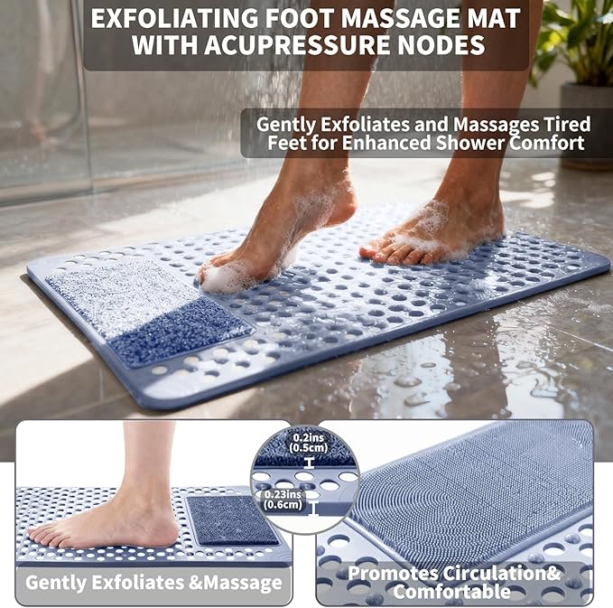Bath Tub Shower Mat with Soft Shower Foot Scrubber Mat for Massage,Non Slip Bathtub Mat with Strong Suction Cups, Silicone Shower Foot Scrubber Mat (Gray, 35.4" X 23.6"(Rectangular))