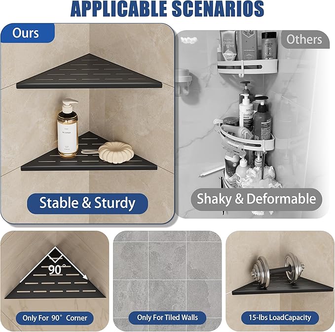Neodrain 10 in Matte Black Corner Wall Shelf Set of 2, Floating Corner Shelves for Wall, 304 Stainless Steel Shower Storage Shelves for Bathroom, No Drilling