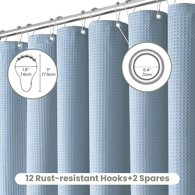 Inhousolu Fabric Shower Curtain Waffle Weave, Fog Blue 230 GSM Heavy Duty, Weighted Hem, 14 Metal Hooks, Water Repellent, Machine Washable, Hotel Spa Luxury Bath Curtain Set, 72 x 72 Inch
